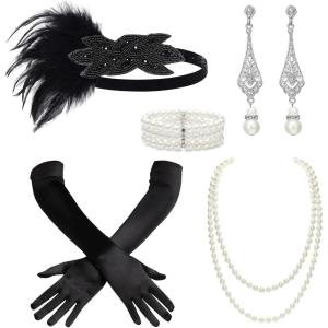 imageBABEYOND 1920s Flapper Accessories Great Gatsby Costume Accessories 20s Flapper Headband Pearl Necklace Gloves Plastic HolderBlack