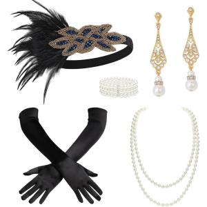 imageBABEYOND 1920s Flapper Accessories Great Gatsby Costume Accessories 20s Flapper Headband Pearl Necklace Gloves Plastic HolderBlack Blue