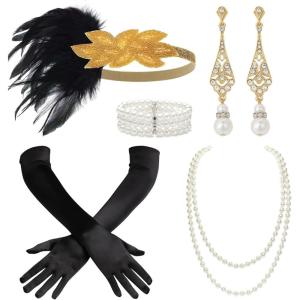 imageBABEYOND 1920s Flapper Accessories Great Gatsby Costume Accessories 20s Flapper Headband Pearl Necklace Gloves Plastic HolderBlack Gold