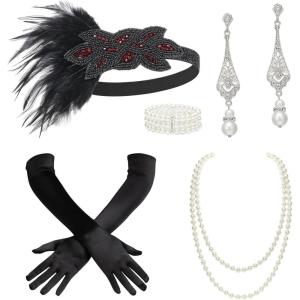 imageBABEYOND 1920s Flapper Accessories Great Gatsby Costume Accessories 20s Flapper Headband Pearl Necklace Gloves Plastic HolderBlack Red