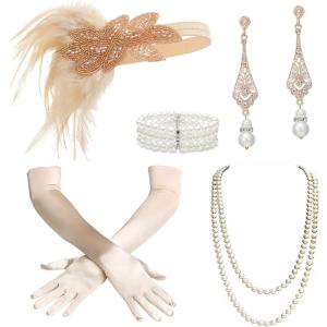 imageBABEYOND 1920s Flapper Accessories Great Gatsby Costume Accessories 20s Flapper Headband Pearl Necklace Gloves Plastic HolderChampagne
