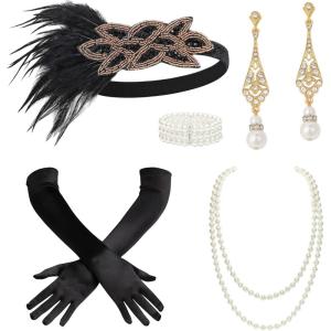 imageBABEYOND 1920s Flapper Accessories Great Gatsby Costume Accessories 20s Flapper Headband Pearl Necklace Gloves Plastic HolderGold Black