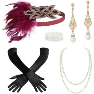 imageBABEYOND 1920s Flapper Accessories Great Gatsby Costume Accessories 20s Flapper Headband Pearl Necklace Gloves Plastic HolderGold Red
