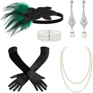 imageBABEYOND 1920s Flapper Accessories Great Gatsby Costume Accessories 20s Flapper Headband Pearl Necklace Gloves Plastic HolderGreen