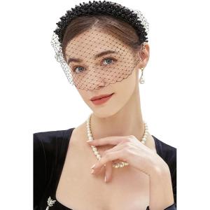 imageBABEYOND 1920s Flapper Fascinator Mesh Pearl Veil Headband Bridal Wedding Tea Party Fascinator Veil for WomenBlack With Pearl