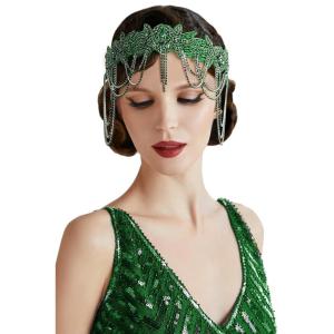 imageBABEYOND 1920s Flapper Headpiece Roaring 20s Headband Great Gatsby Headband Chain for Women Vintage Hair AccessoryGreen