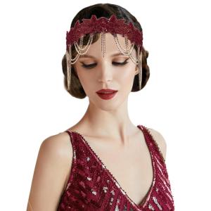 imageBABEYOND 1920s Flapper Headpiece Roaring 20s Headband Great Gatsby Headband Chain for Women Vintage Hair AccessoryRed
