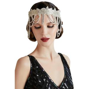 imageBABEYOND 1920s Flapper Headpiece Roaring 20s Headband Great Gatsby Headband Chain for Women Vintage Hair AccessoryWhite