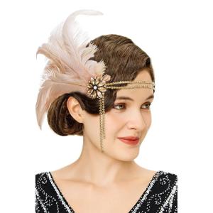 imageBABEYOND 1920s Headpiece Flapper Headband Rhinestone Pearl Feather Hair Band Great Gatsby Headpiece Accessoreis for WomenChampagne