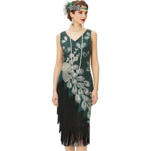 imageBABEYOND 1920s Vintage Peacock Sequined Dress Gatsby Fringed Flapper Dress Roaring 20s Party DressDark Green With Black Fringe