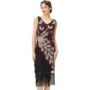 imageBABEYOND 1920s Vintage Peacock Sequined Dress Gatsby Fringed Flapper Dress Roaring 20s Party DressGold Winered