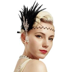 imageBABEYOND Art Deco 1920s Flapper Great Gatsby Inspired Leaf Medallion Pearl Headband Black FeatherGold