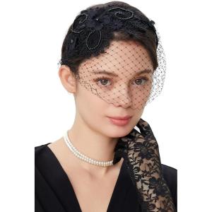 imageBABEYOND Bridal Wedding Veil Fascinator Mesh Lace Headband Tea Party Flower Fascinator Funeral Hats for WomenBlack