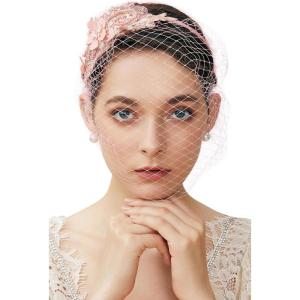 imageBABEYOND Bridal Wedding Veil Fascinator Mesh Lace Headband Tea Party Flower Fascinator Funeral Hats for WomenNude Pink