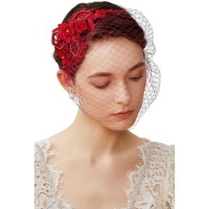 imageBABEYOND Bridal Wedding Veil Fascinator Mesh Lace Headband Tea Party Flower Fascinator Funeral Hats for WomenWine Red