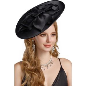 imageBABEYOND Derby Hats for Women  Fascinators Tea Party Hats Headband Wide Brim Fascinator Wedding Cocktail Flower FeathersBlack