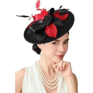imageBABEYOND Derby Hats for Women  Fascinators Tea Party Hats Headband Wide Brim Fascinator Wedding Cocktail Flower FeathersBlack Red