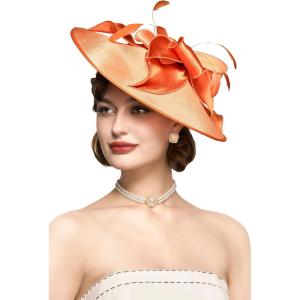 imageBABEYOND Derby Hats for Women  Fascinators Tea Party Hats Headband Wide Brim Fascinator Wedding Cocktail Flower FeathersOrange