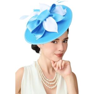 imageBABEYOND Derby Hats for Women  Fascinators Tea Party Hats Headband Wide Brim Fascinator Wedding Cocktail Flower FeathersSky Blue