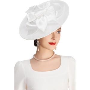 imageBABEYOND Derby Hats for Women  Fascinators Tea Party Hats Headband Wide Brim Fascinator Wedding Cocktail Flower FeathersWhite