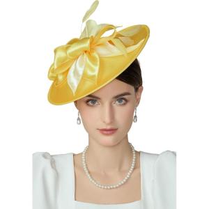 imageBABEYOND Derby Hats for Women  Fascinators Tea Party Hats Headband Wide Brim Fascinator Wedding Cocktail Flower FeathersYellow