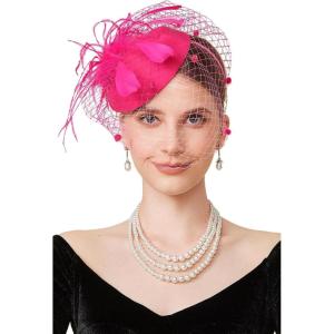 imageBABEYOND Fascinator Hat Veil Feather Fascinators Hair Clip Tea Party Pillbox Derby Hat Fascinator Bridal WeddingFuchsia