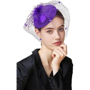 imageBABEYOND Fascinator Hat Veil Feather Fascinators Hair Clip Tea Party Pillbox Derby Hat Fascinator Bridal WeddingKpurple