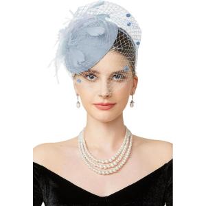 imageBABEYOND Fascinator Hat Veil Feather Fascinators Hair Clip Tea Party Pillbox Derby Hat Fascinator Bridal WeddingLight Blue