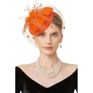 imageBABEYOND Fascinator Hat Veil Feather Fascinators Hair Clip Tea Party Pillbox Derby Hat Fascinator Bridal WeddingOrange