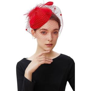 imageBABEYOND Fascinator Hat Veil Feather Fascinators Hair Clip Tea Party Pillbox Derby Hat Fascinator Bridal WeddingRed