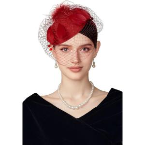 imageBABEYOND Fascinator Hat Veil Feather Fascinators Hair Clip Tea Party Pillbox Derby Hat Fascinator Bridal WeddingWinered