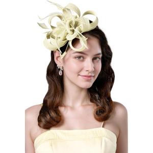 imageBABEYOND Fascinator Hats for Women  Tea Party Hats Fascinators Kentucky Headband Derby Hat Wedding Feathers Ribbon HeadwearBeige