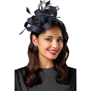 imageBABEYOND Fascinator Hats for Women  Tea Party Hats Fascinators Kentucky Headband Derby Hat Wedding Feathers Ribbon HeadwearNavy Blue