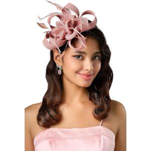 imageBABEYOND Fascinator Hats for Women  Tea Party Hats Fascinators Kentucky Headband Derby Hat Wedding Feathers Ribbon HeadwearNude Pink