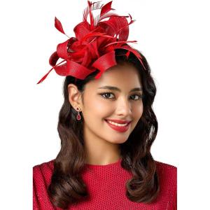 imageBABEYOND Fascinator Hats for Women  Tea Party Hats Fascinators Kentucky Headband Derby Hat Wedding Feathers Ribbon HeadwearRed
