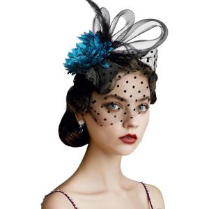 imageBABEYOND Fascinator Hats for Women  Tea Party Hats Kentucky Fascinators Derby Hat Wedding Cocktail Flower Feathers Hair ClipBblack With Navy Blue Flower