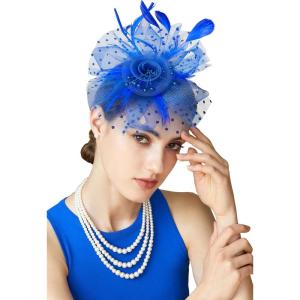 imageBABEYOND Fascinator Hats for Women Tea Party Hat Kentucky Fascinators Headband Derby Hats Wedding Flower Feathers Hair ClipBlue
