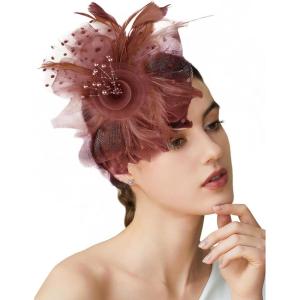 imageBABEYOND Fascinator Hats for Women Tea Party Hat Kentucky Fascinators Headband Derby Hats Wedding Flower Feathers Hair ClipCoffee