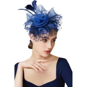 imageBABEYOND Fascinator Hats for Women Tea Party Hat Kentucky Fascinators Headband Derby Hats Wedding Flower Feathers Hair ClipDark Blue