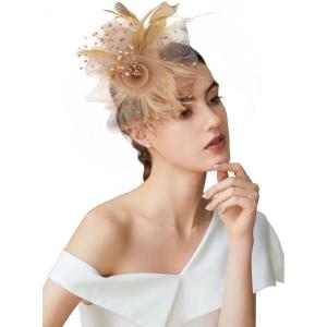 imageBABEYOND Fascinator Hats for Women Tea Party Hat Kentucky Fascinators Headband Derby Hats Wedding Flower Feathers Hair ClipGold