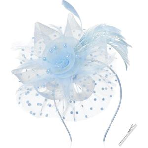 imageBABEYOND Fascinator Hats for Women Tea Party Hat Kentucky Fascinators Headband Derby Hats Wedding Flower Feathers Hair ClipLight Blue