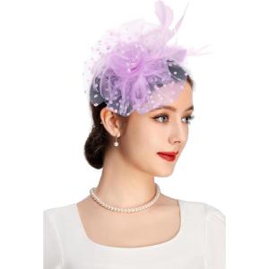 imageBABEYOND Fascinator Hats for Women Tea Party Hat Kentucky Fascinators Headband Derby Hats Wedding Flower Feathers Hair ClipLight Purple