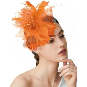 imageBABEYOND Fascinator Hats for Women Tea Party Hat Kentucky Fascinators Headband Derby Hats Wedding Flower Feathers Hair ClipOrange