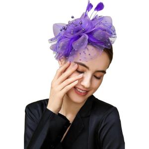 imageBABEYOND Fascinator Hats for Women Tea Party Hat Kentucky Fascinators Headband Derby Hats Wedding Flower Feathers Hair ClipPurple