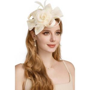 imageBABEYOND Fascinator Hats for Women Tea Party Hat Kentucky Flower Fascinators Headband Derby Hats Wedding CarnivalUbeige