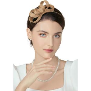 imageBABEYOND Fascinator Headband for Women  Tea Party Kentucky Bow Headband Derby Bridal Wedding Daily Headpiece with Hair ClipChampagne Gold