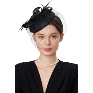 imageBABEYOND Fascinators Hat Veil Feather Hair Clip Tea Party Kentucky Pillbox Derby Bridal for WeddingBlack