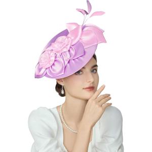 imageBABEYOND Fascinators Hats for Women  Kentucky Tea Party Derby Hats Flower Church Pillbox Hat for Cocktail WeddingPurple Pink