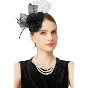 imageBABEYOND Fascinators Hats for Women  Mini Top Tea Party Hat Veil Feather Kentucky Fascinator Flower Mesh Hat Hair ClipBlack