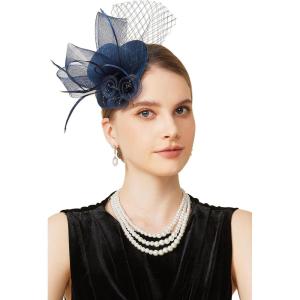 imageBABEYOND Fascinators Hats for Women  Mini Top Tea Party Hat Veil Feather Kentucky Fascinator Flower Mesh Hat Hair ClipNavy Blue